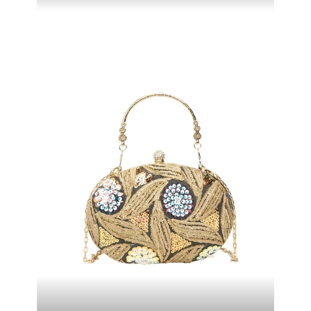 Sequin Floral Embroidered Evening Bag Party Clutch with Chain Strap‎